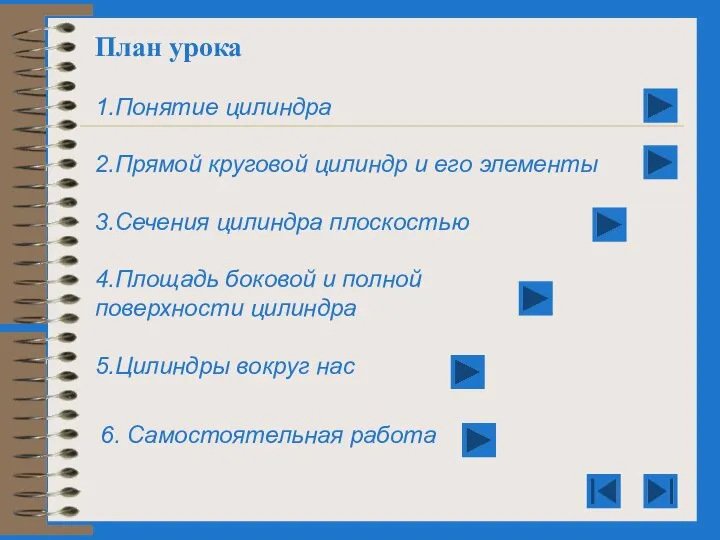 План урока 1.Понятие цилиндра 2.Прямой круговой цилиндр и его элементы 3.Сечения