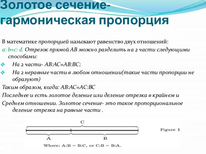 Золотое сечение- гармоническая пропорция В математике пропорцией называют равенство двух отношений: