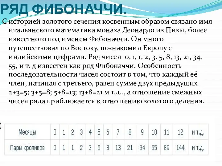 РЯД ФИБОНАЧЧИ. С историей золотого сечения косвенным образом связано имя итальянского