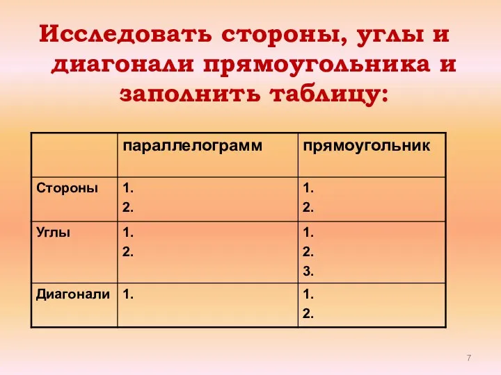 Исследовать стороны, углы и диагонали прямоугольника и заполнить таблицу: