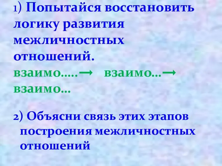 2) Объясни связь этих этапов построения межличностных отношений 1) Попытайся восстановить