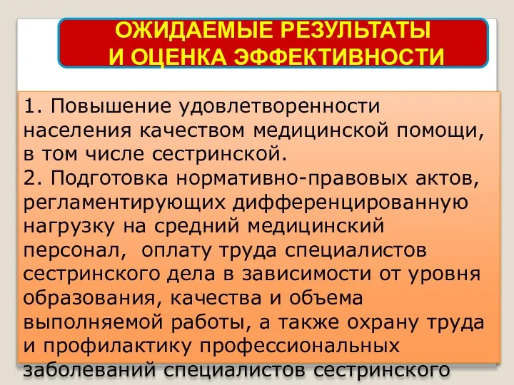 1. Повышение удовлетворенности населения качеством медицинской помощи, в том числе сестринской.