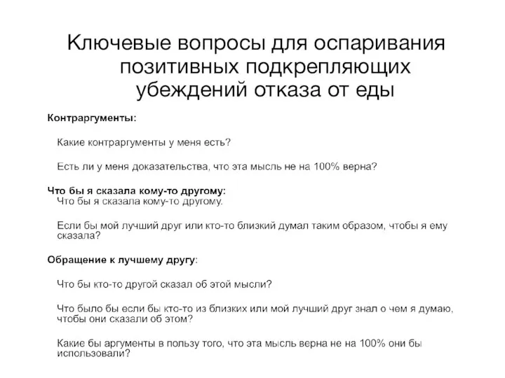 Ключевые вопросы для оспаривания позитивных подкрепляющих убеждений отказа от еды