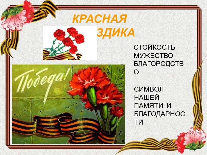 КРАСНАЯ ГВОЗДИКА СТОЙКОСТЬ МУЖЕСТВО БЛАГОРОДСТВО СИМВОЛ НАШЕЙ ПАМЯТИ И БЛАГОДАРНОСТИ