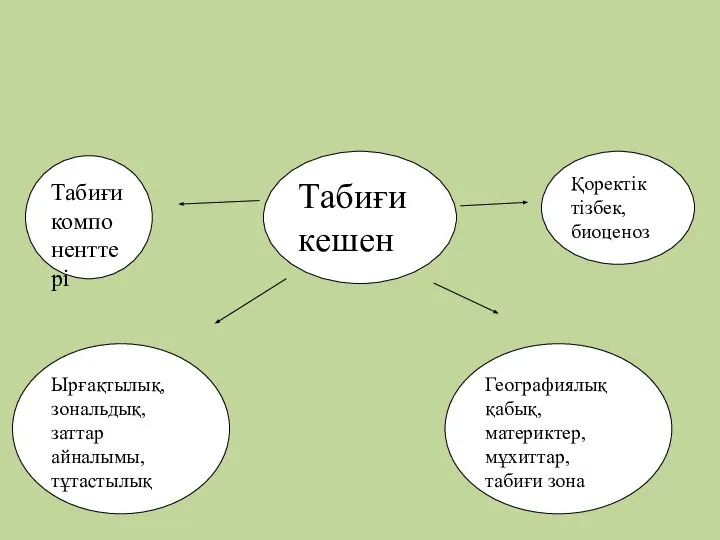 Табиғи компоненттері Ырғақтылық, зональдық, заттар айналымы, тұтастылық Географиялық қабық, материктер, мұхиттар,