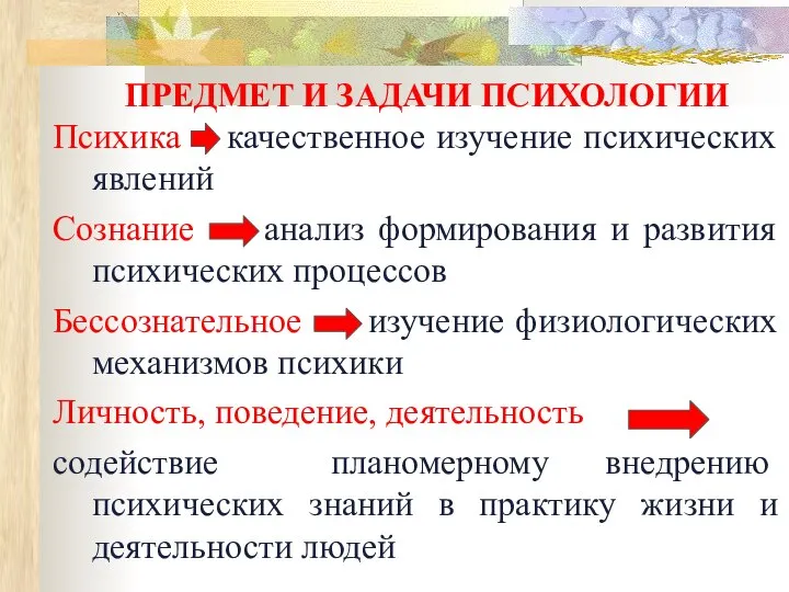 ПРЕДМЕТ И ЗАДАЧИ ПСИХОЛОГИИ Психика качественное изучение психических явлений Сознание анализ