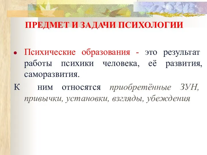 ПРЕДМЕТ И ЗАДАЧИ ПСИХОЛОГИИ Психические образования - это результат работы психики