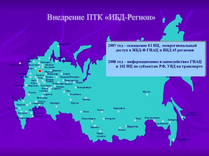 Южно-Сахалинск 2007 год – оснащение 81 ИЦ, межрегиональный доступ в ИБД-Ф