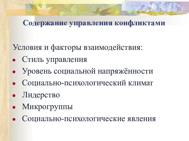 Содержание управления конфликтами Условия и факторы взаимодействия: Стиль управления Уровень социальной