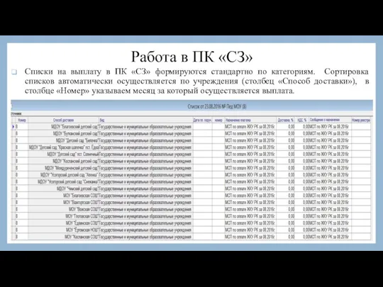 Работа в ПК «СЗ» Списки на выплату в ПК «СЗ» формируются