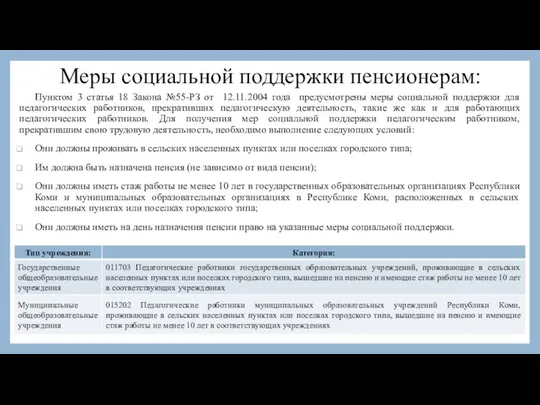 Меры социальной поддержки пенсионерам: Пунктом 3 статья 18 Закона №55-РЗ от