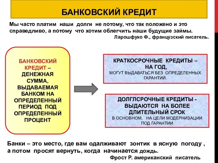 БАНКОВСКИЙ КРЕДИТ БАНКОВСКИЙ КРЕДИТ – ДЕНЕЖНАЯ СУММА, ВЫДАВАЕМАЯ БАНКОМ НА ОПРЕДЕЛЕННЫЙ