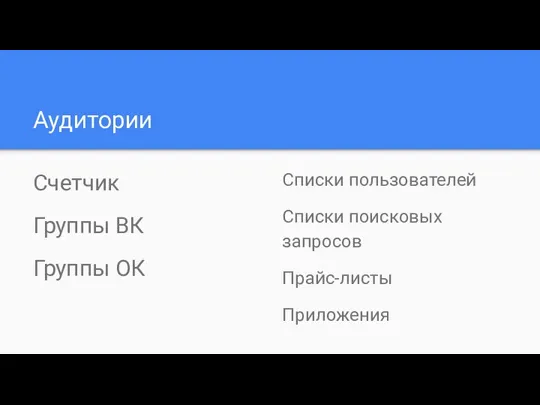 Аудитории Счетчик Группы ВК Группы ОК Списки пользователей Списки поисковых запросов Прайс-листы Приложения