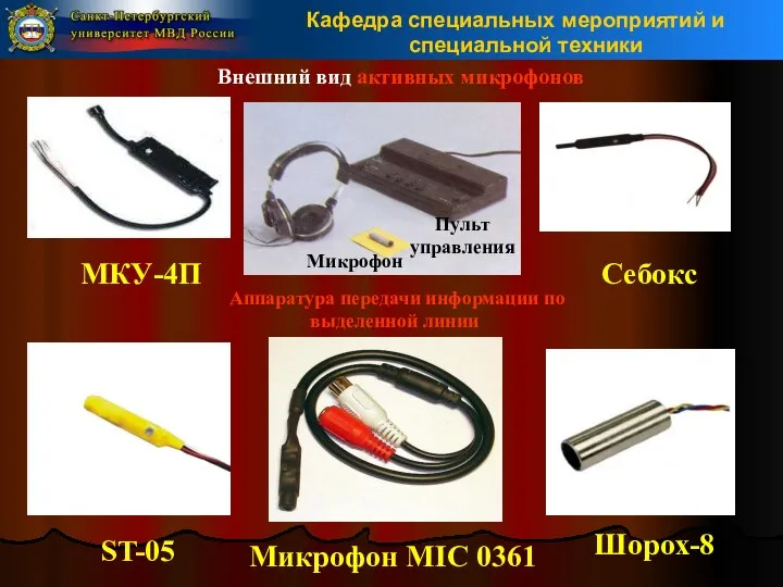 Внешний вид активных микрофонов МКУ-4П Себокс ST-05 Шорох-8 Аппаратура передачи информации