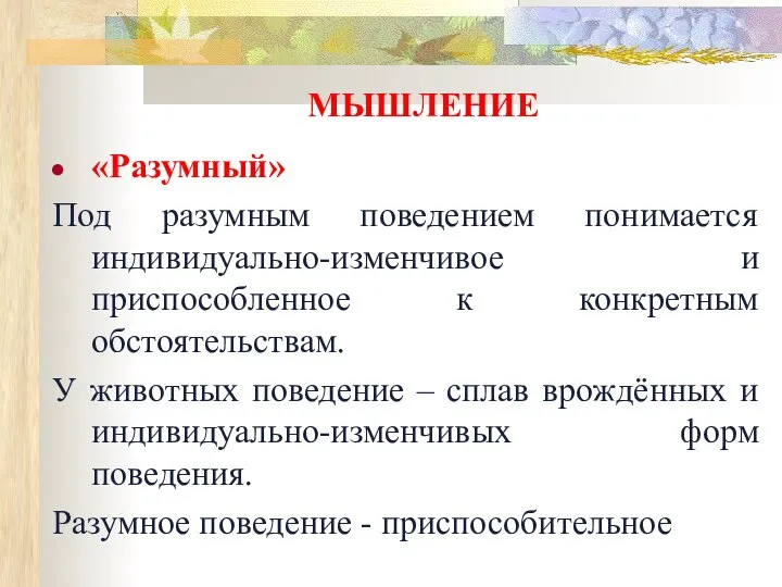 МЫШЛЕНИЕ «Разумный» Под разумным поведением понимается индивидуально-изменчивое и приспособленное к конкретным