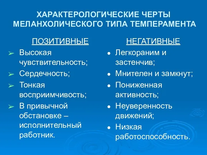 ХАРАКТЕРОЛОГИЧЕСКИЕ ЧЕРТЫ МЕЛАНХОЛИЧЕСКОГО ТИПА ТЕМПЕРАМЕНТА ПОЗИТИВНЫЕ Высокая чувствительность; Сердечность; Тонкая восприимчивость;