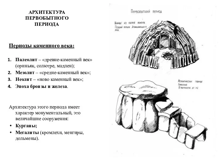 АРХИТЕКТУРА ПЕРВОБЫТНОГО ПЕРИОДА Периоды каменного века: Палеолит – «древне-каменный век» (ориньяк,
