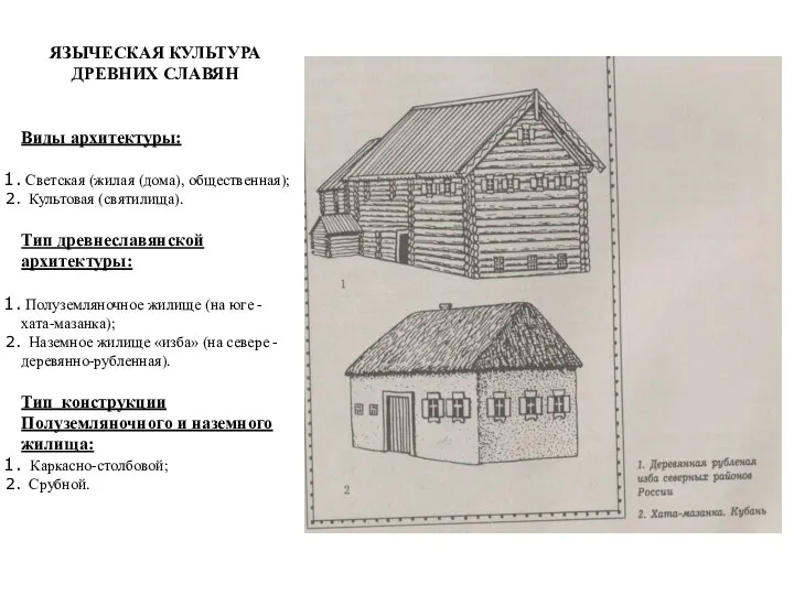 ЯЗЫЧЕСКАЯ КУЛЬТУРА ДРЕВНИХ СЛАВЯН Виды архитектуры: Светская (жилая (дома), общественная); Культовая