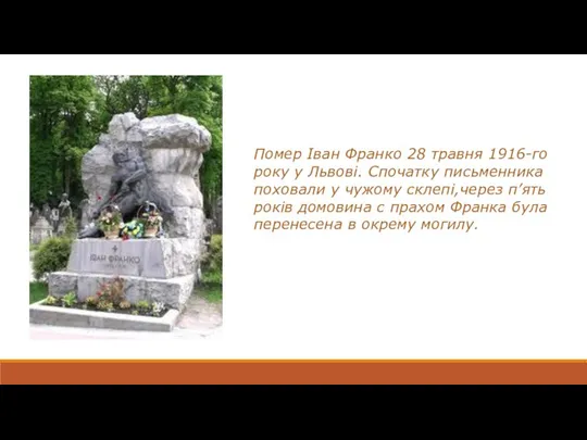 Помер Іван Франко 28 травня 1916-го року у Львові. Спочатку письменника