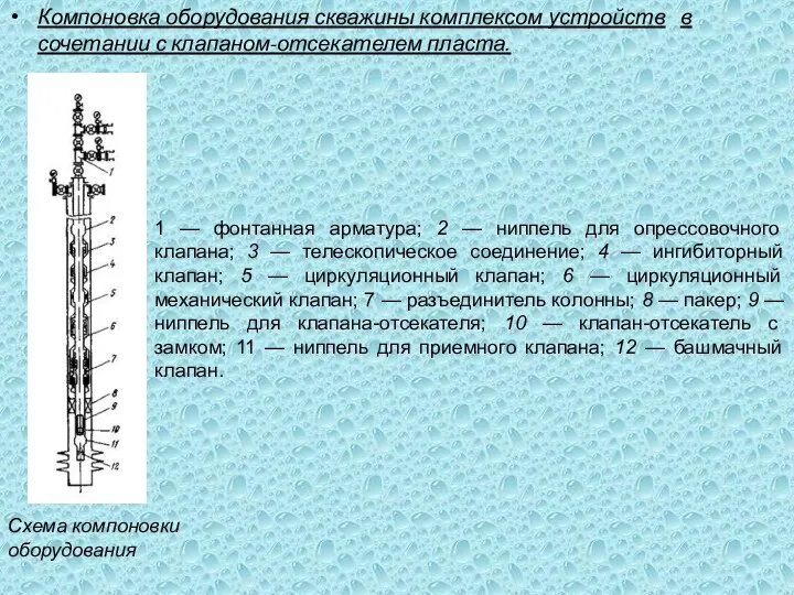 Компоновка оборудования скважины комплексом устройств в сочетании с клапаном-отсекателем пласта. Схема