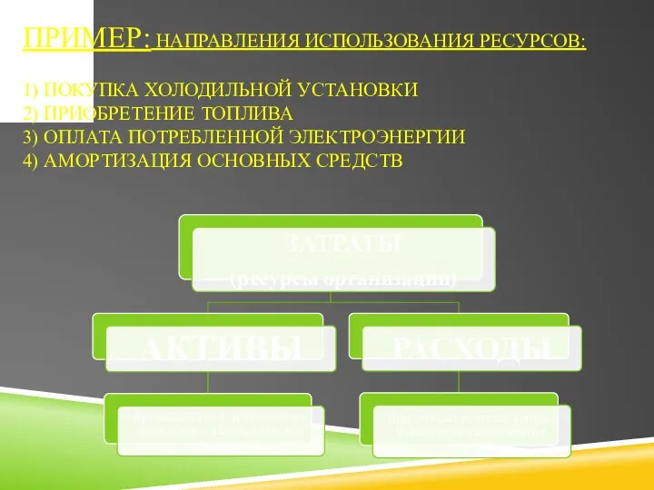 ПРИМЕР: НАПРАВЛЕНИЯ ИСПОЛЬЗОВАНИЯ РЕСУРСОВ: 1) ПОКУПКА ХОЛОДИЛЬНОЙ УСТАНОВКИ 2) ПРИОБРЕТЕНИЕ ТОПЛИВА