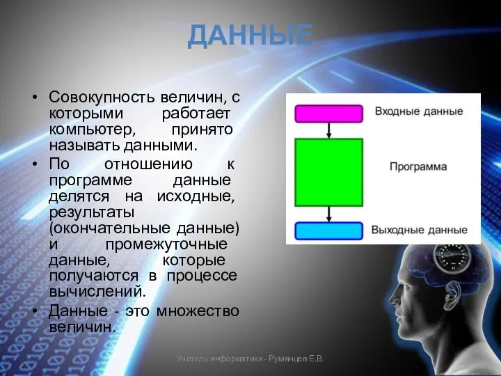 ДАННЫЕ Совокупность величин, с которыми работает компьютер, принято называть данными. По