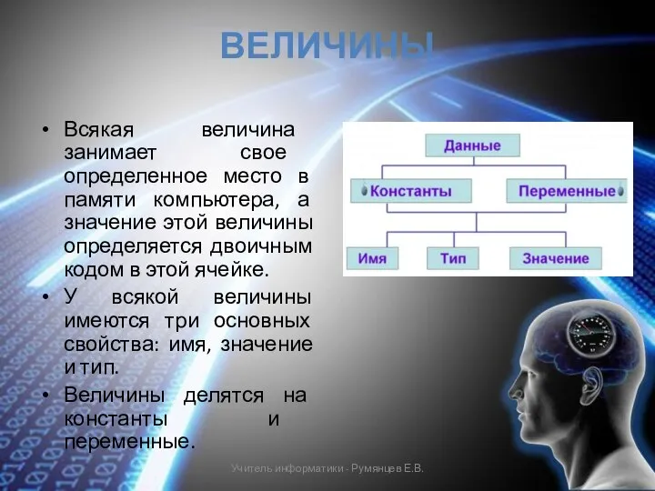 ВЕЛИЧИНЫ Всякая величина занимает свое определенное место в памяти компьютера, а