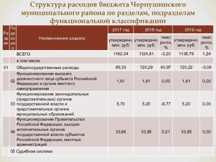 Структура расходов бюджета Чернушинского муниципального района по разделам, подразделам функциональной классификации