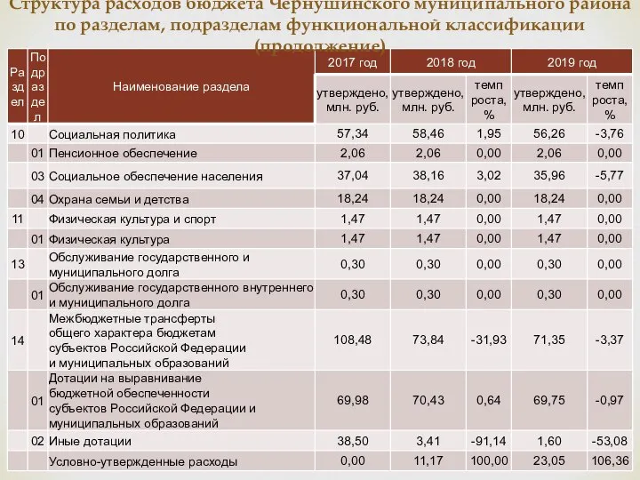 Структура расходов бюджета Чернушинского муниципального района по разделам, подразделам функциональной классификации (продолжение)