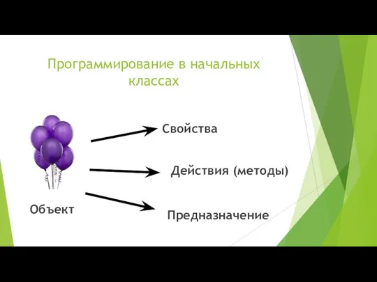 Программирование в начальных классах Объект Свойства Действия (методы) Предназначение