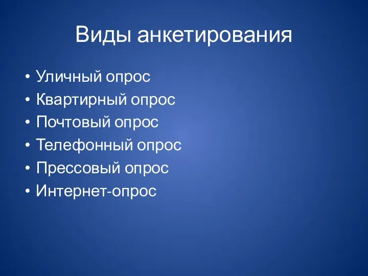 Виды анкетирования Уличный опрос Квартирный опрос Почтовый опрос Телефонный опрос Прессовый опрос Интернет-опрос