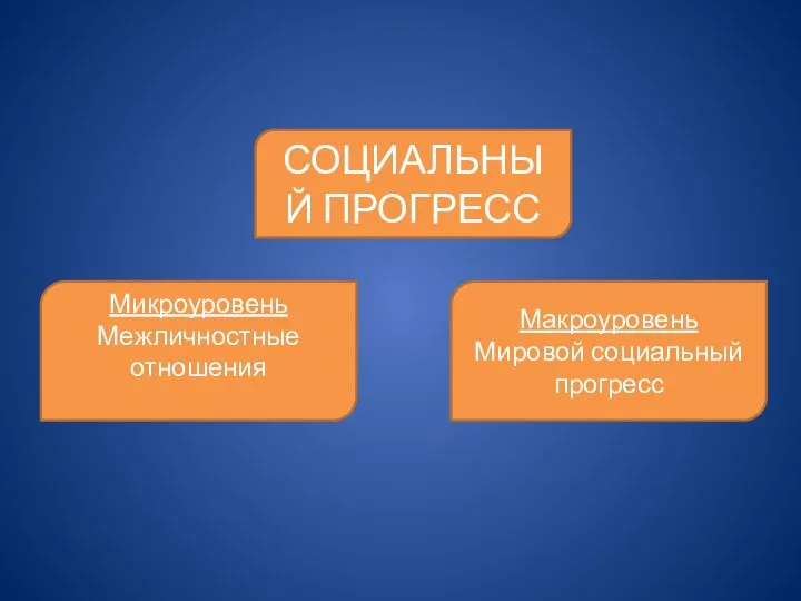 СОЦИАЛЬНЫЙ ПРОГРЕСС Макроуровень Мировой социальный прогресс Микроуровень Межличностные отношения