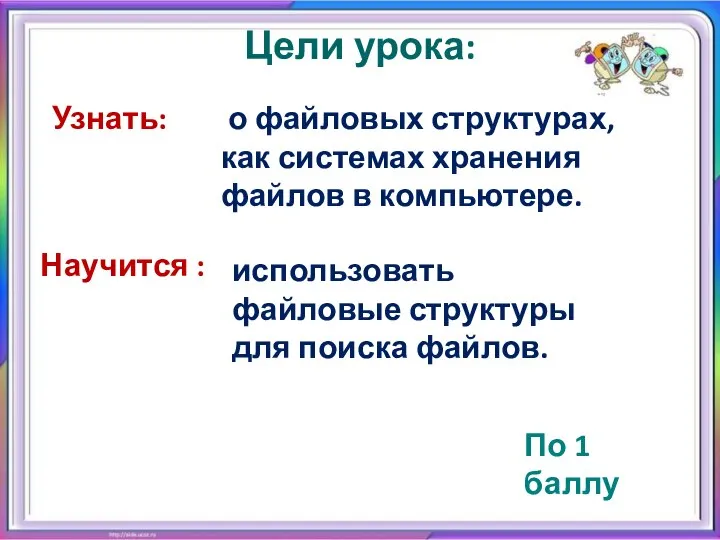 Цели урока: о файловых структурах, как системах хранения файлов в компьютере.