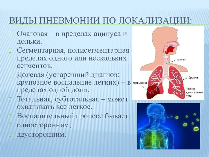 ВИДЫ ПНЕВМОНИИ ПО ЛОКАЛИЗАЦИИ: Очаговая – в пределах ацинуса и дольки.