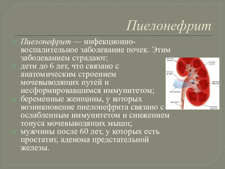 Пиелонефрит Пиелонефрит — инфекционно-воспалительное заболевание почек. Этим заболеванием страдают: дети до