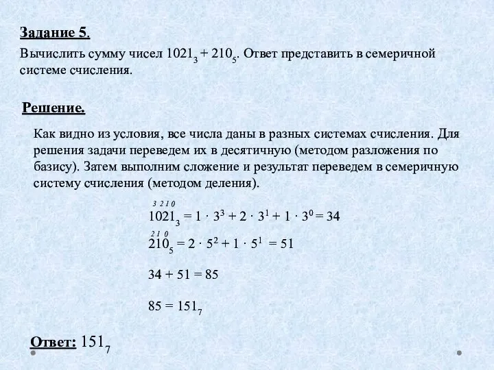 Задание 5. Вычислить сумму чисел 10213 + 2105. Ответ представить в