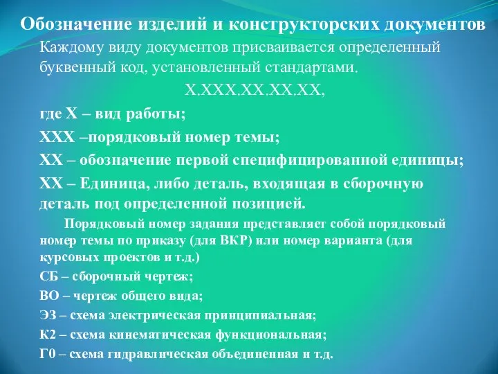 Обозначение изделий и конструкторских документов Каждому виду документов присваивается определенный буквенный