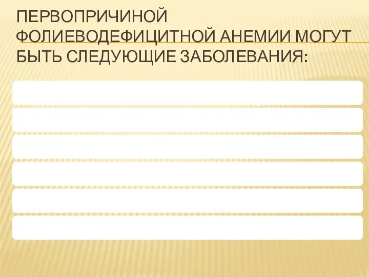 ПЕРВОПРИЧИНОЙ ФОЛИЕВОДЕФИЦИТНОЙ АНЕМИИ МОГУТ БЫТЬ СЛЕДУЮЩИЕ ЗАБОЛЕВАНИЯ: