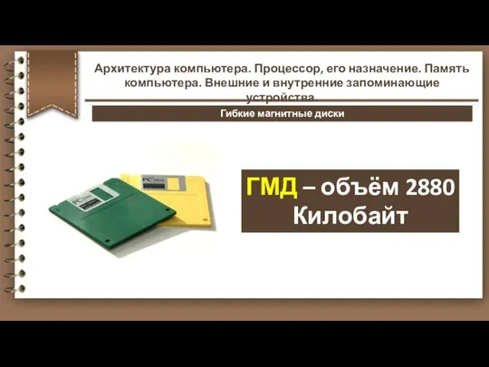 ГМД – объём 2880 Килобайт Гибкие магнитные диски Архитектура компьютера. Процессор,