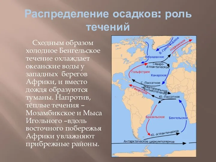 Распределение осадков: роль течений Сходным образом холодное Бенгельское течение охлаждает океанские