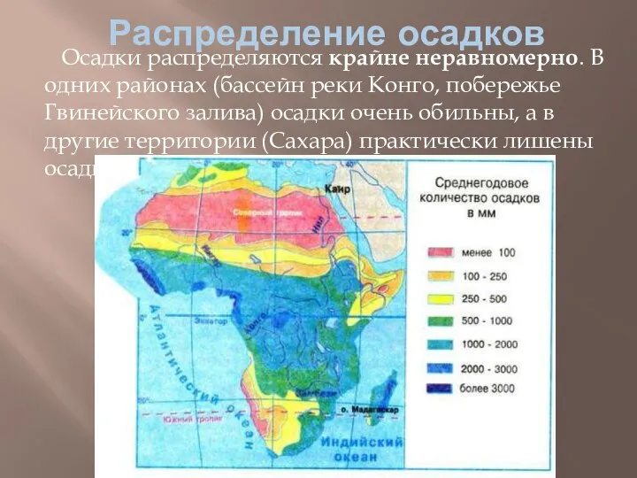 Распределение осадков Осадки распределяются крайне неравномерно. В одних районах (бассейн реки