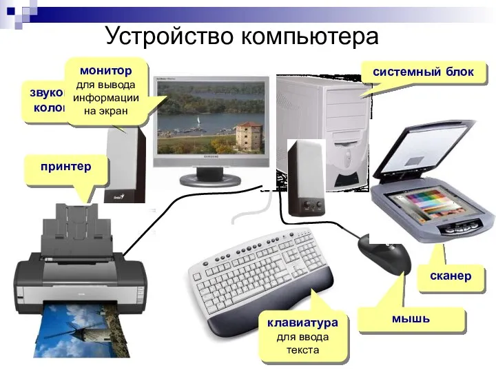 Устройство компьютера системный блок звуковые колонки принтер мышь сканер клавиатура для