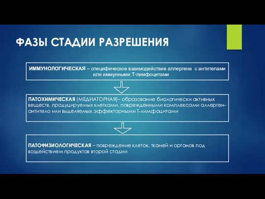 ФАЗЫ СТАДИИ РАЗРЕШЕНИЯ ИММУНОЛОГИЧЕСКАЯ – специфическое взаимодействие аллергена с антителами или