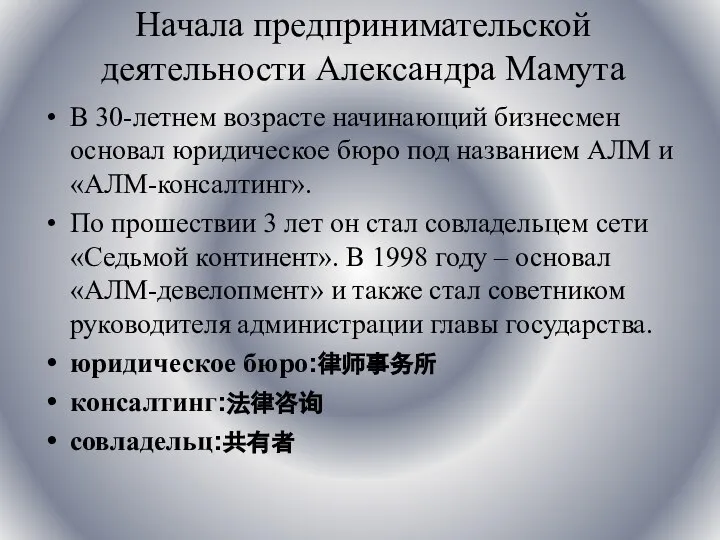 Начала предпринимательской деятельности Александра Мамута В 30-летнем возрасте начинающий бизнесмен основал