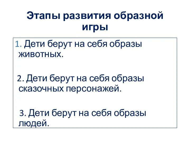 Этапы развития образной игры 1. Дети берут на себя образы животных.