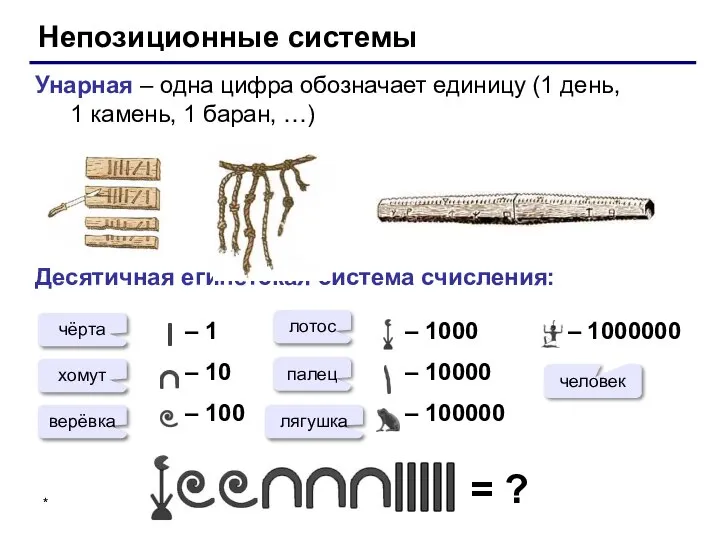 Непозиционные системы Унарная – одна цифра обозначает единицу (1 день, 1