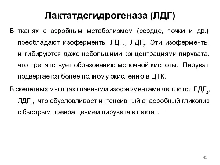 Лактатдегидрогеназа (ЛДГ) В тканях с аэробным метаболизмом (сердце, почки и др.)