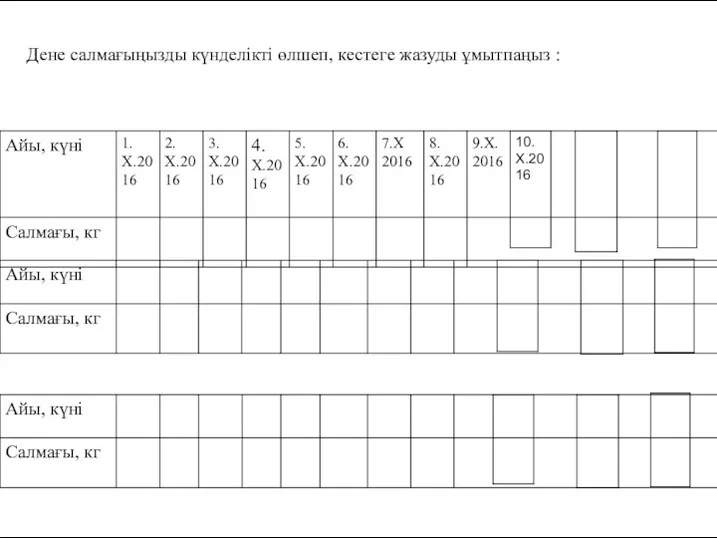 Дене салмағыңызды күнделікті өлшеп, кестеге жазуды ұмытпаңыз :