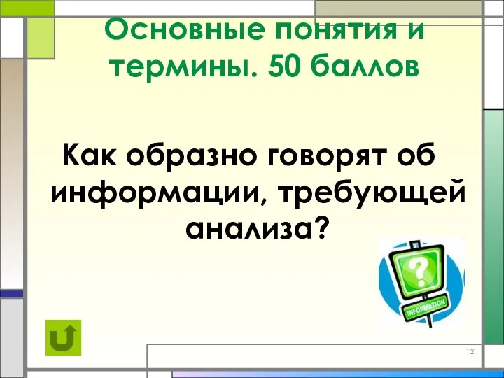 Основные понятия и термины. 50 баллов Как образно говорят об информации, требующей анализа?