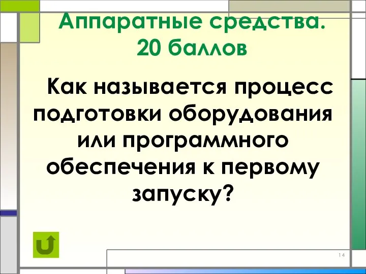 Аппаратные средства. 20 баллов Как называется процесс подготовки оборудования или программного обеспечения к первому запуску?